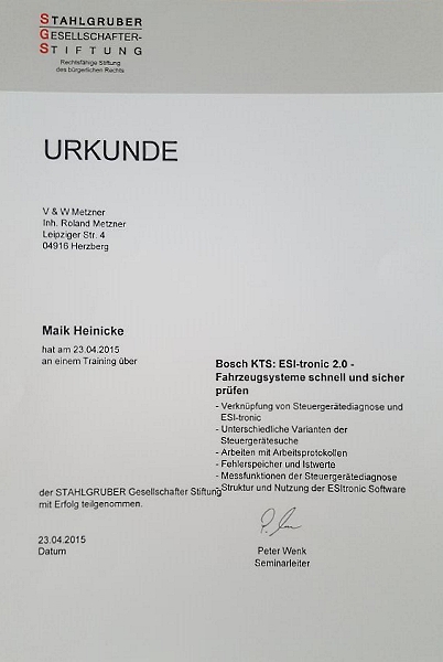 Urkunde Stahlgruber Bosch KTS ESI tronic Heinicke2